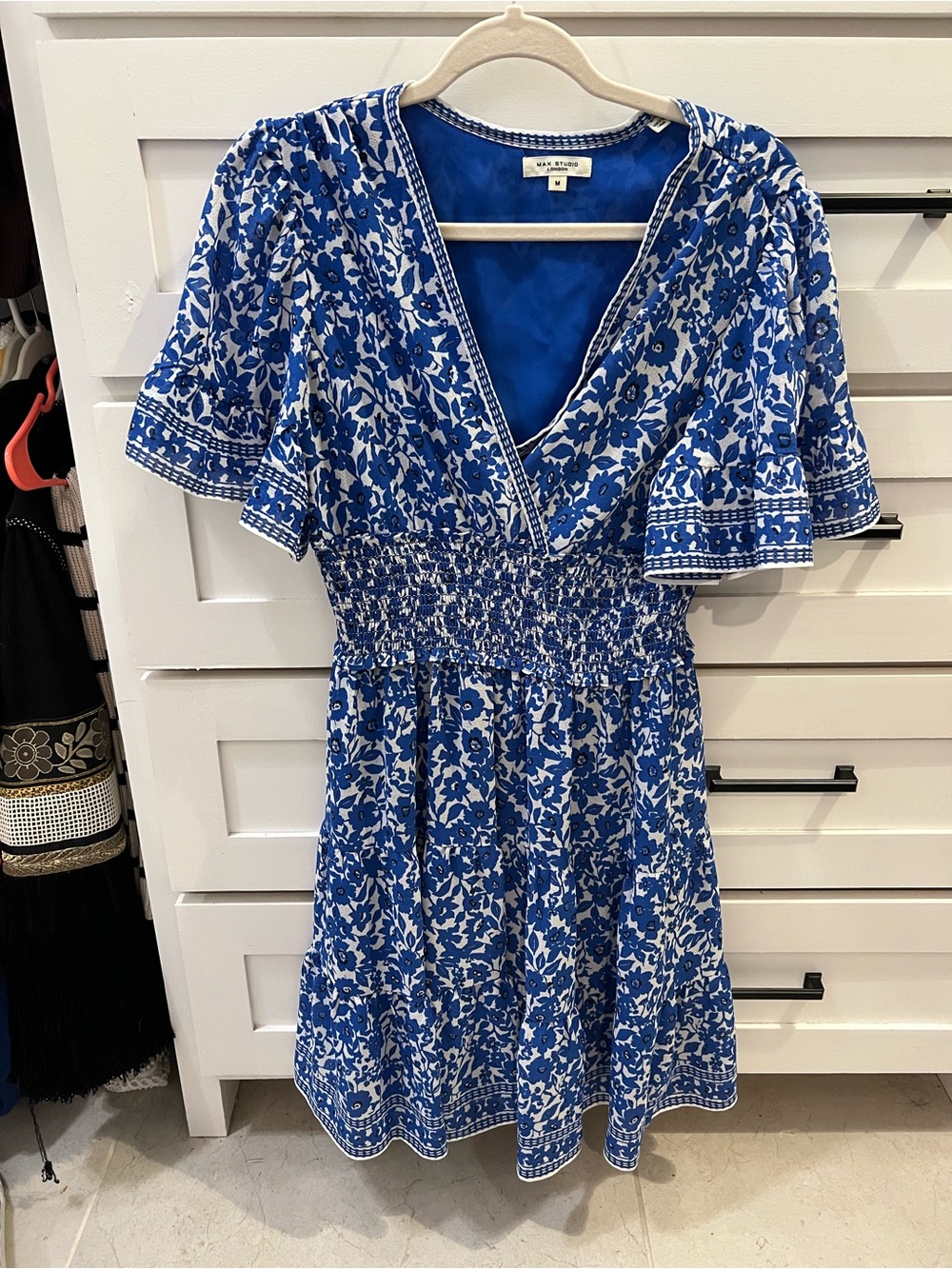 Max Studio Blue Floral V-Neck Smocked Mini Dress